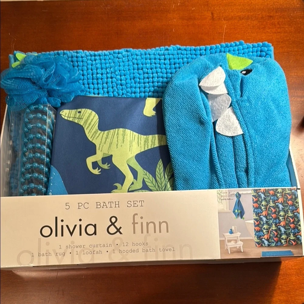Olivia & Finn Dinosaur 5 piece Bath Set - Blue & Green, NEW!